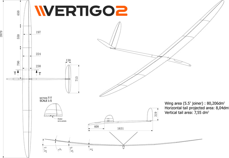 Vertigo 2 F5J Light, Neon Pink/Carbon, V-Tail